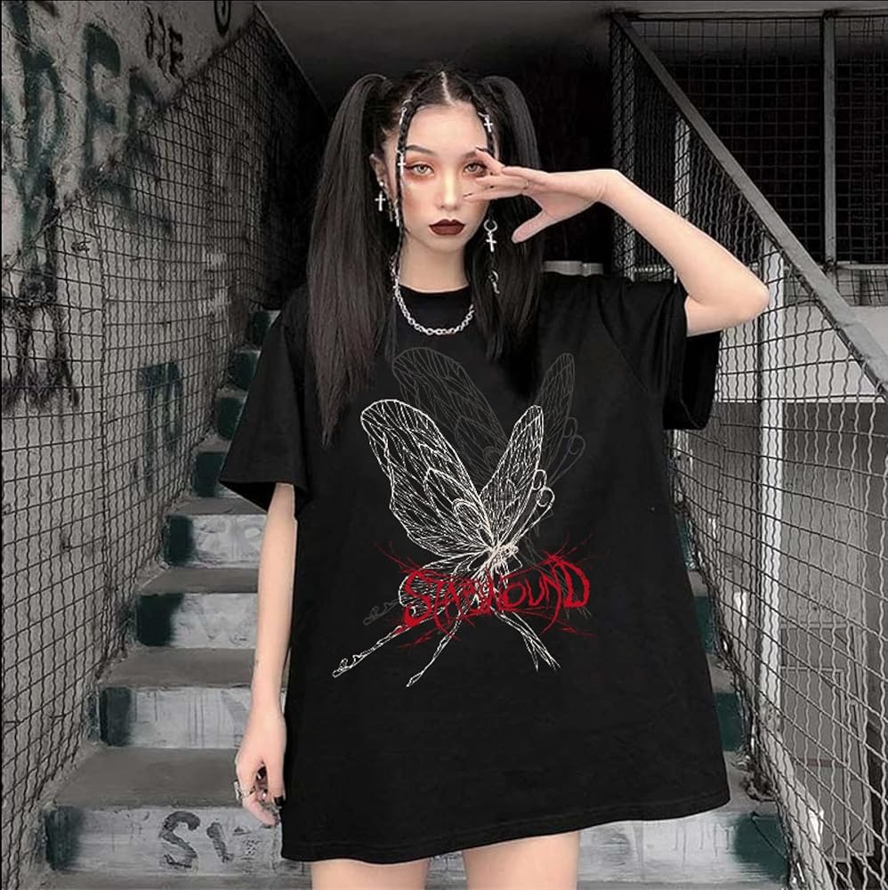 Goth Black Women's T-Shirt Harajuku Y2K Top Harajuku Retro Korean